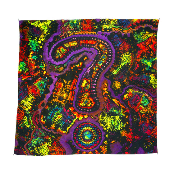 43" x 43" Tie Dye Tapestry w/ Tie Loops - Question Mark w/ Rainbow Mandala & Geodes
