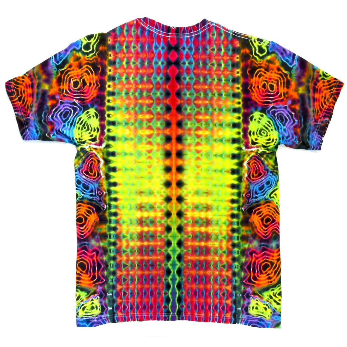 Large - Short-sleeve Tie Dye T-Shirt - Rainbow Mandala w/ Fluorescent Geodes & Honeycomb Spine