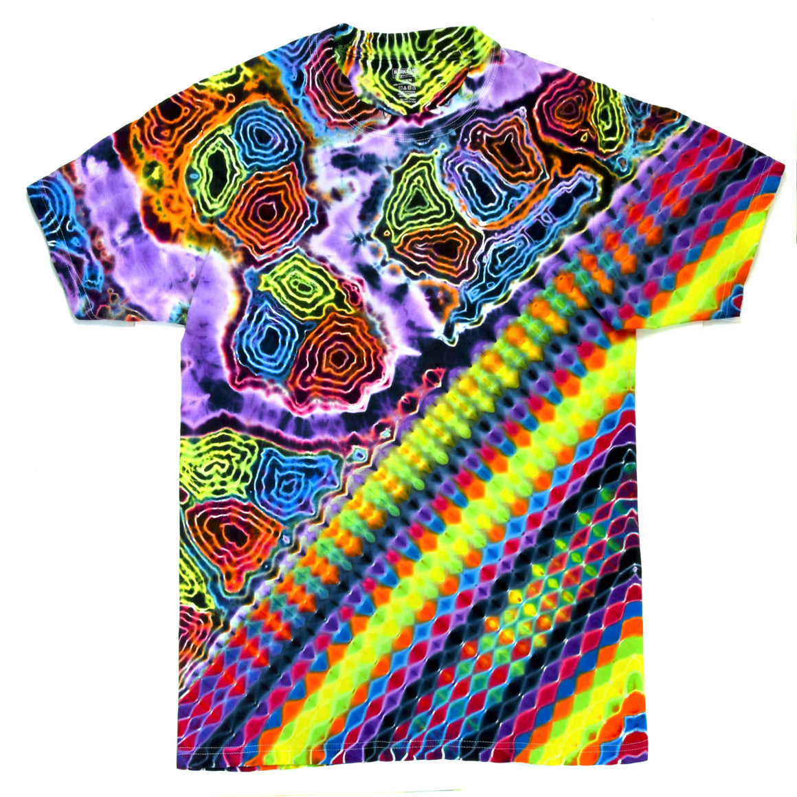 Medium - Short-sleeve Tie Dye T-Shirt - Fluorescent Geodes & Diagonal Honeycomb