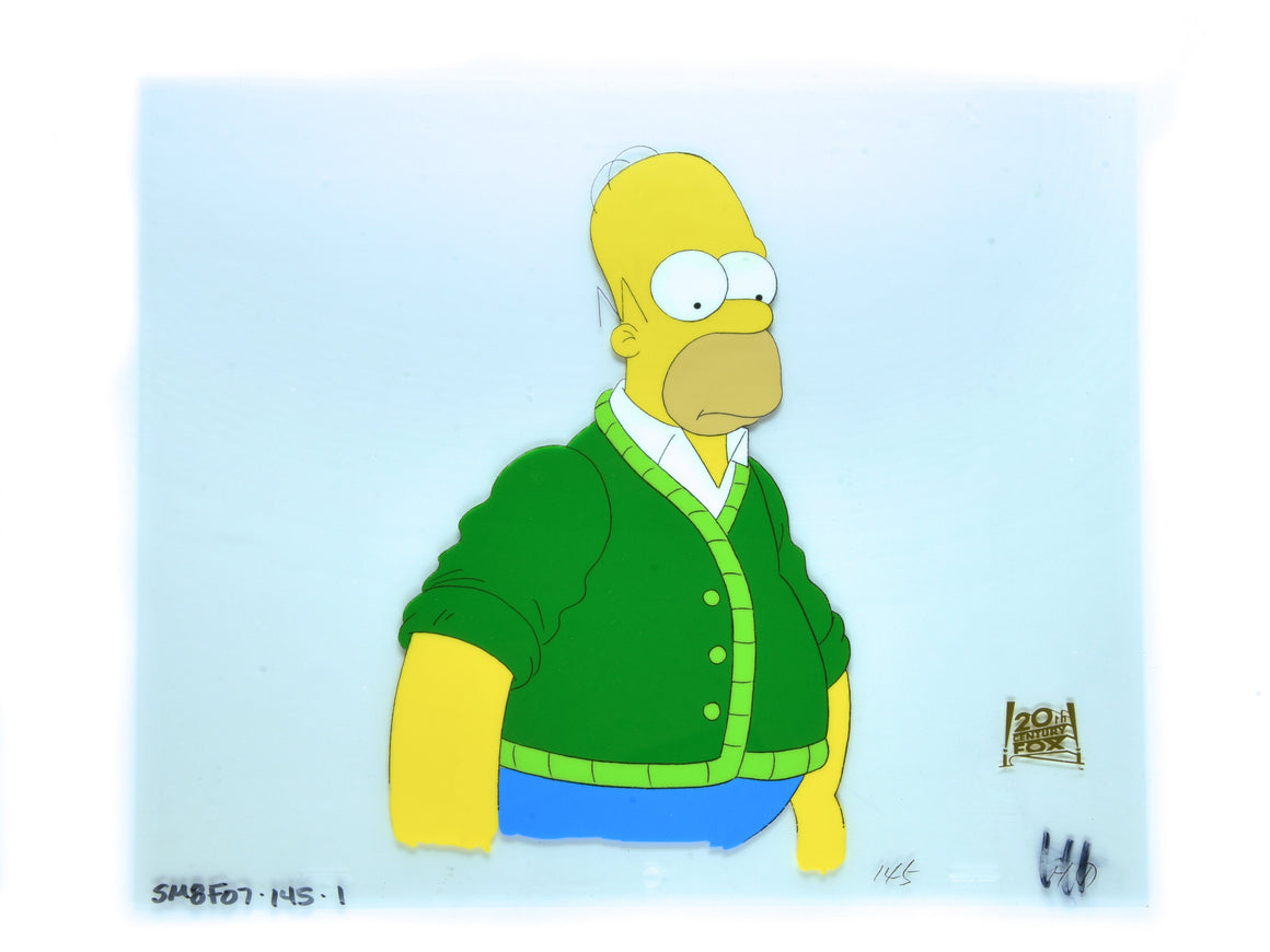 The Simpsons - Homer in the garage wearing a cardigan- Key Master Setup Production Cel w/ Original Background