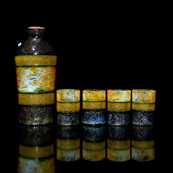 5-piece Dichroic Corked  Tokkuri Sake Set w/ Opal - Green/Orange/Multilayer Fume