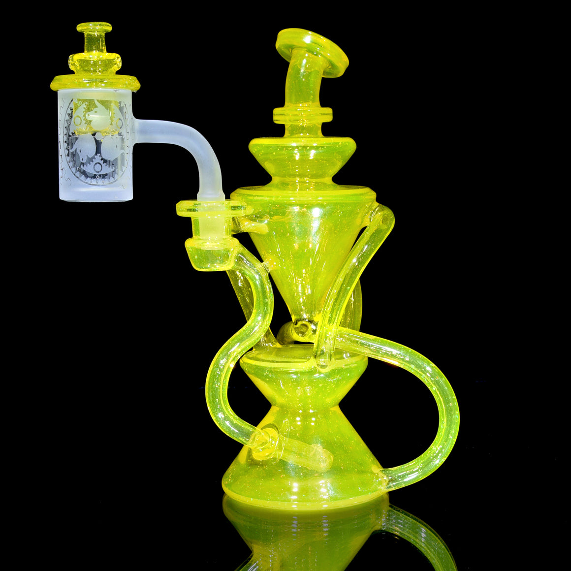 Full-size Triple Double Floating Recycler w/ Spinner Cap - Crushed Opal Lemon Drop - 10mm Female