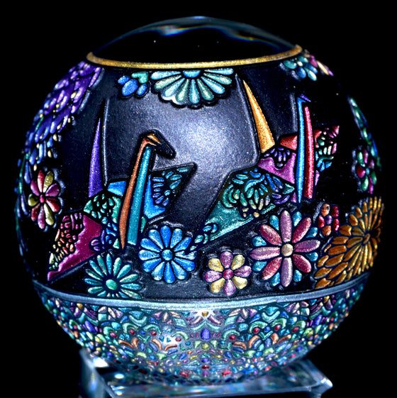 "Paper Crane" in Jet Black - Kaleidoscope Marble (Borosilicate) - 1.5" Diameter