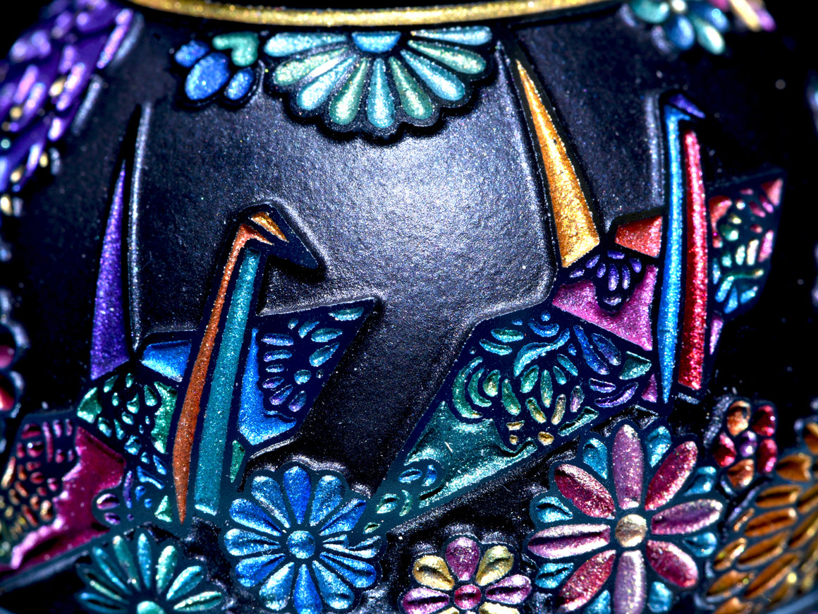 "Paper Crane" in Jet Black - Kaleidoscope Marble (Borosilicate) - 1.5" Diameter