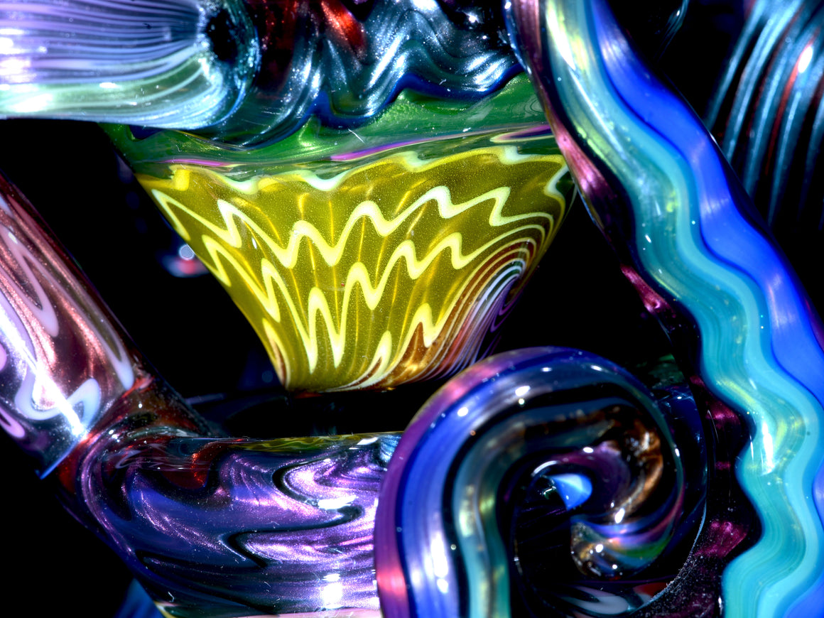 UV Reactive Full Rainbow Fume over Electrum Double-Uptake Klein Recycler - 10mm Female