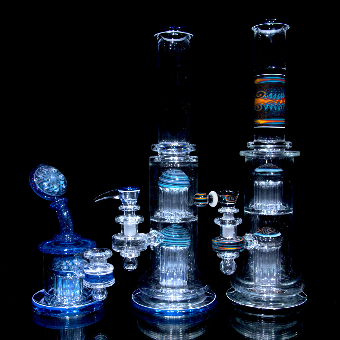 Fully-worked 10-arm Double Tree Shrub Tube w/ 4-hole Slide - Moonstone/Black/Fire & Ice Wigwag - 14mm Female