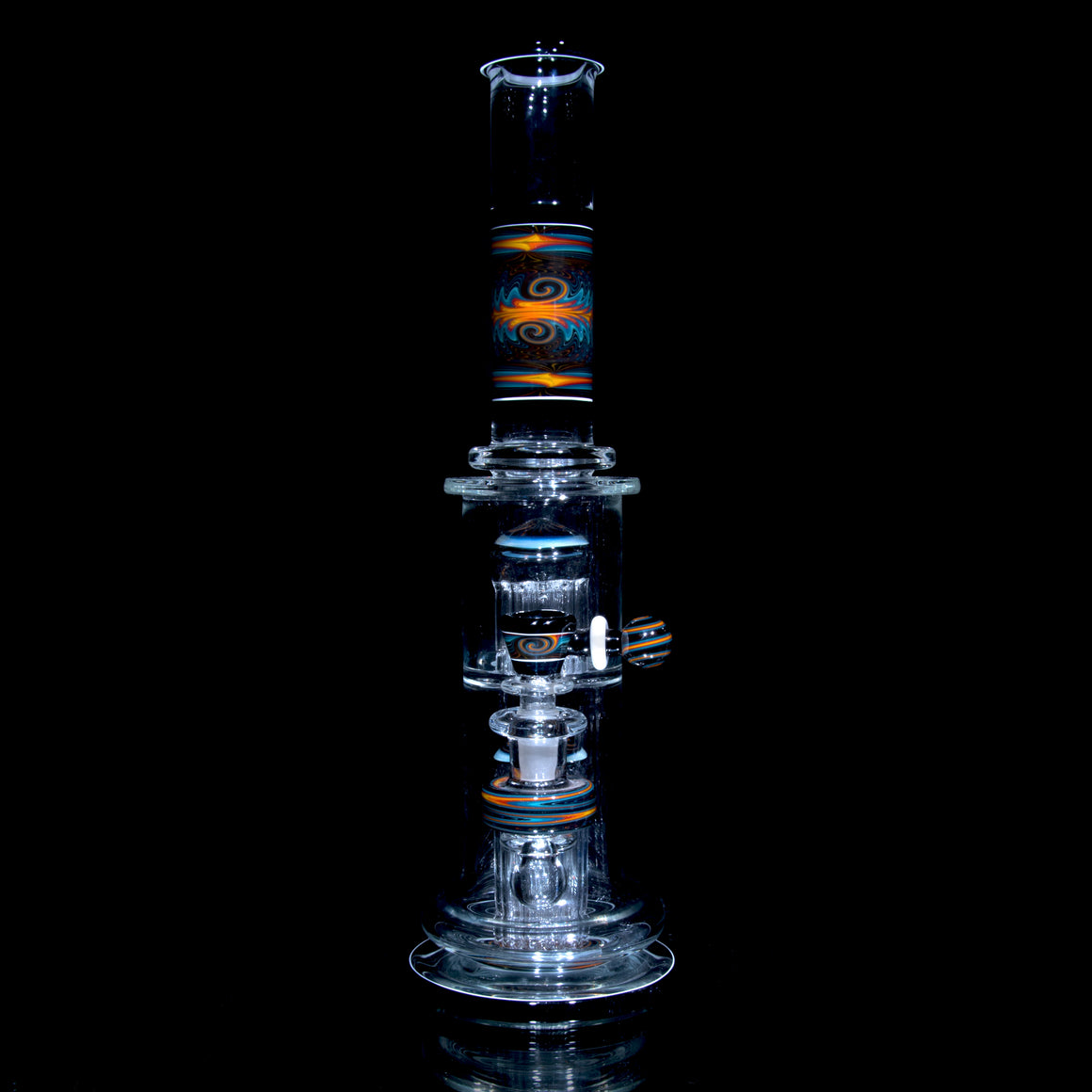 Fully-worked 10-arm Double Tree Shrub Tube w/ 4-hole Slide - Moonstone/Black/Fire & Ice Wigwag - 14mm Female