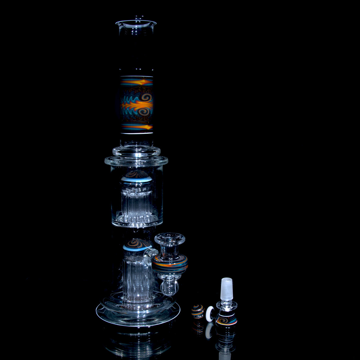 Fully-worked 10-arm Double Tree Shrub Tube w/ 4-hole Slide - Moonstone/Black/Fire & Ice Wigwag - 14mm Female