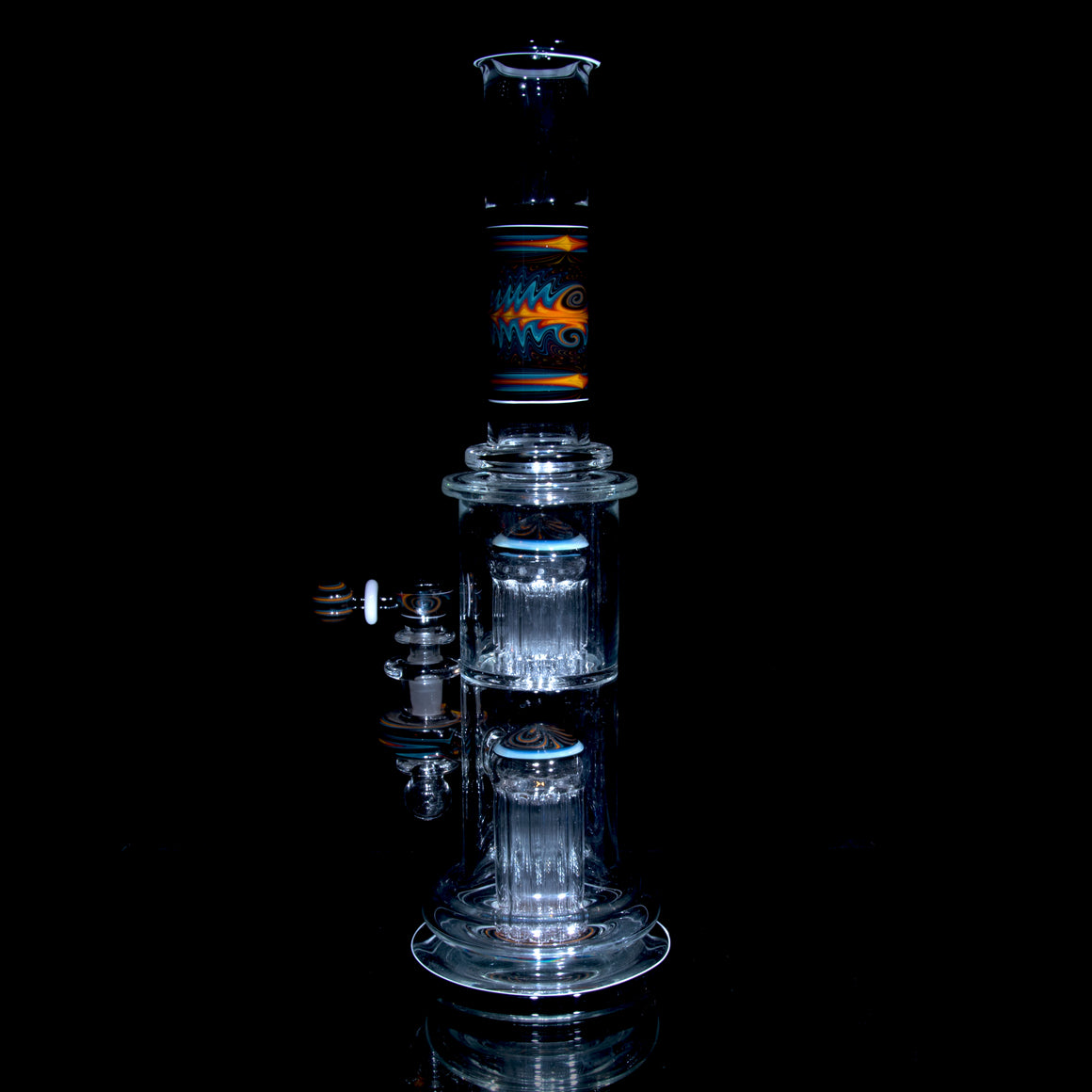 Fully-worked 10-arm Double Tree Shrub Tube w/ 4-hole Slide - Moonstone/Black/Fire & Ice Wigwag - 14mm Female