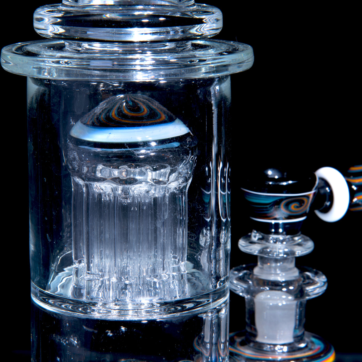 Fully-worked 10-arm Double Tree Shrub Tube w/ 4-hole Slide - Moonstone/Black/Fire & Ice Wigwag - 14mm Female