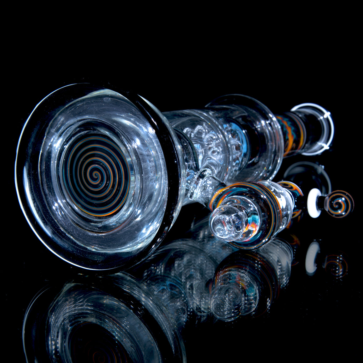 Fully-worked 10-arm Double Tree Shrub Tube w/ 4-hole Slide - Moonstone/Black/Fire & Ice Wigwag - 14mm Female
