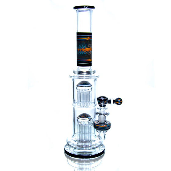 Fully-worked 10-arm Double Tree Shrub Tube w/ 4-hole Slide - Moonstone/Black/Fire & Ice Wigwag - 14mm Female