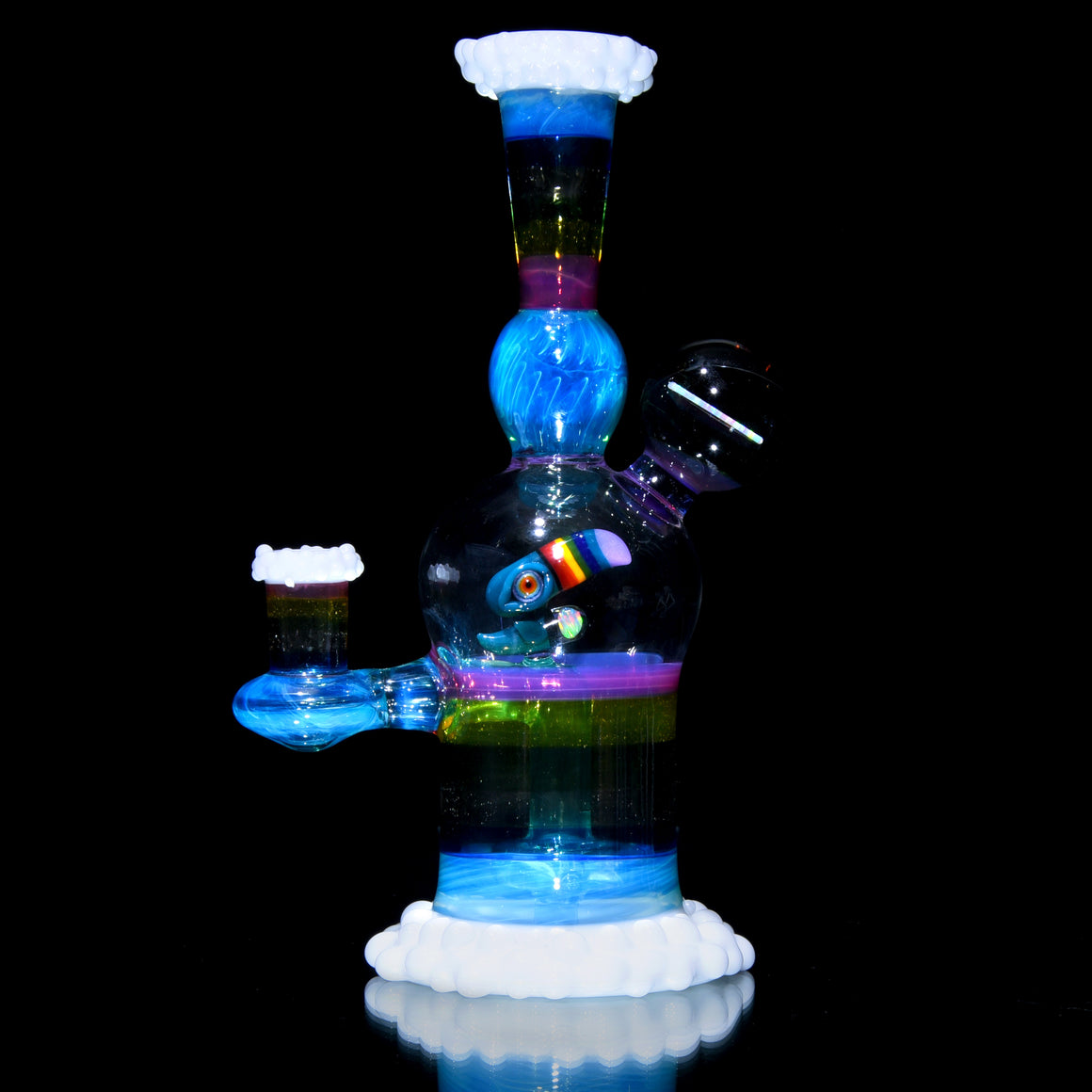 Rainbow & Clouds Meta-Terrania Banger Hanger w/ Sculpted Toucan and Faceted Crushed Opal Cap - 10mm Female