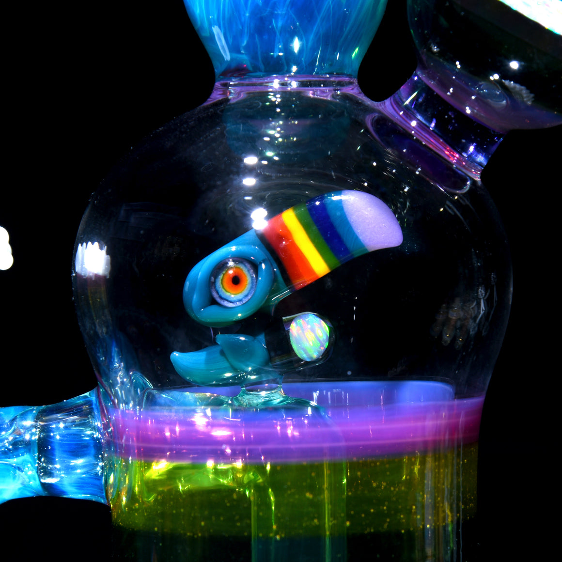 Rainbow & Clouds Meta-Terrania Banger Hanger w/ Sculpted Toucan and Faceted Crushed Opal Cap - 10mm Female