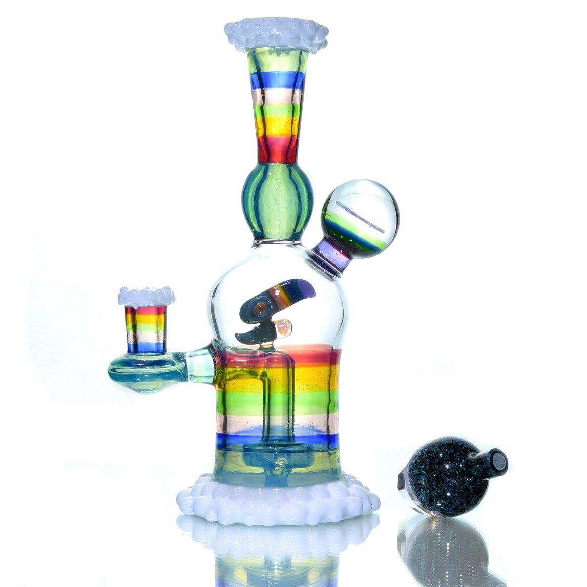 Rainbow & Clouds Meta-Terrania Banger Hanger w/ Sculpted Toucan and Faceted Crushed Opal Cap - 10mm Female