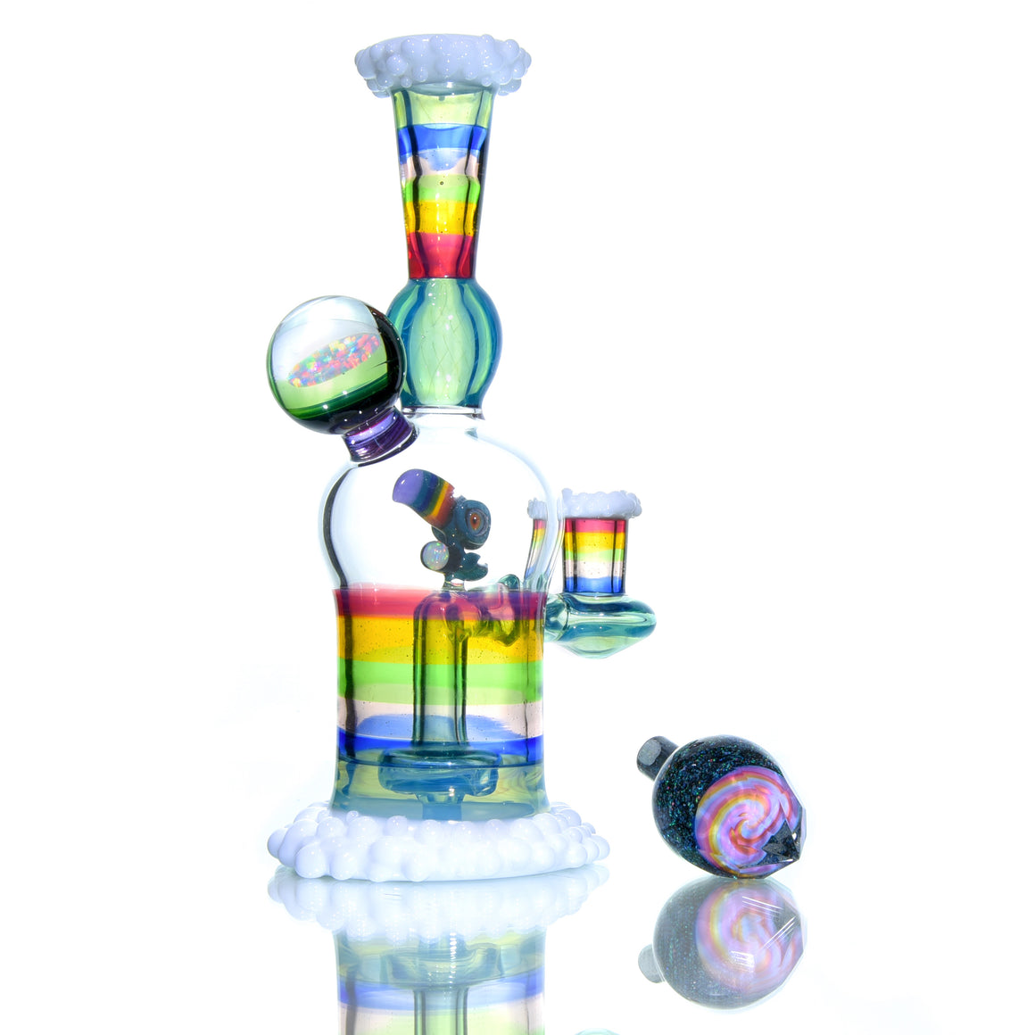 Rainbow & Clouds Meta-Terrania Banger Hanger w/ Sculpted Toucan and Faceted Crushed Opal Cap - 10mm Female