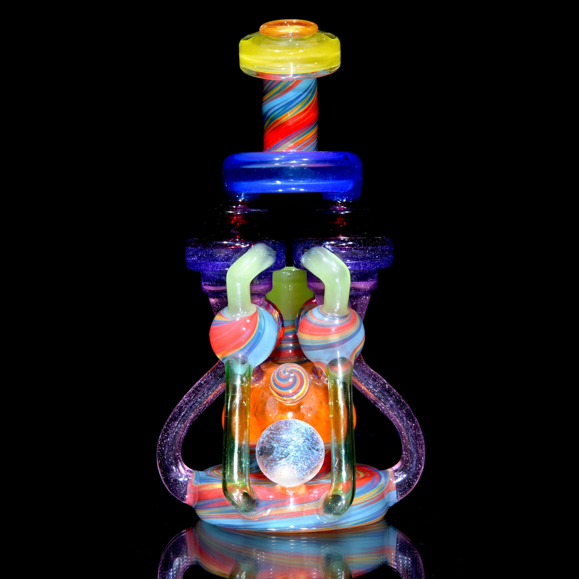 Quad-uptake Double-drain Recycler - Multicolor/Rainbow Swirl - 14mm Female