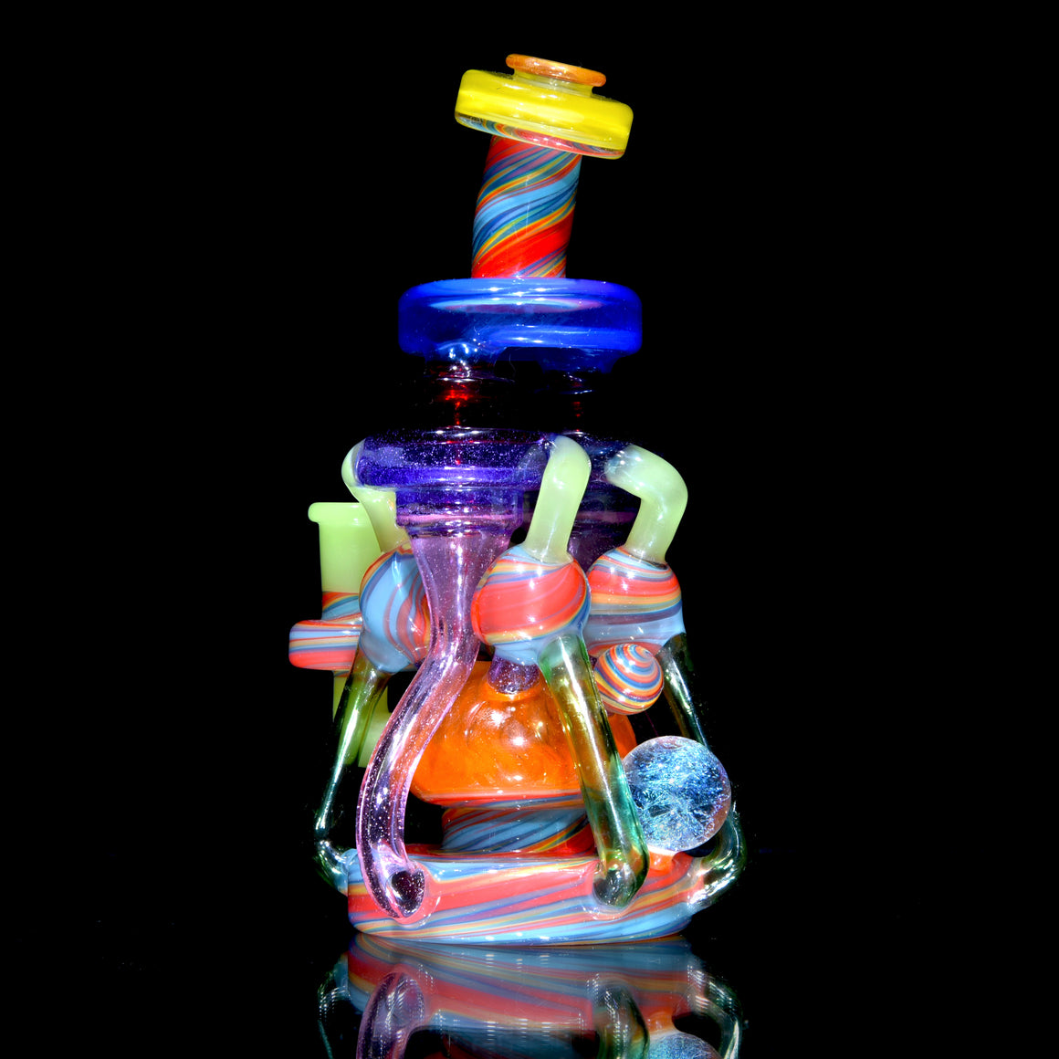 Quad-uptake Double-drain Recycler - Multicolor/Rainbow Swirl - 14mm Female