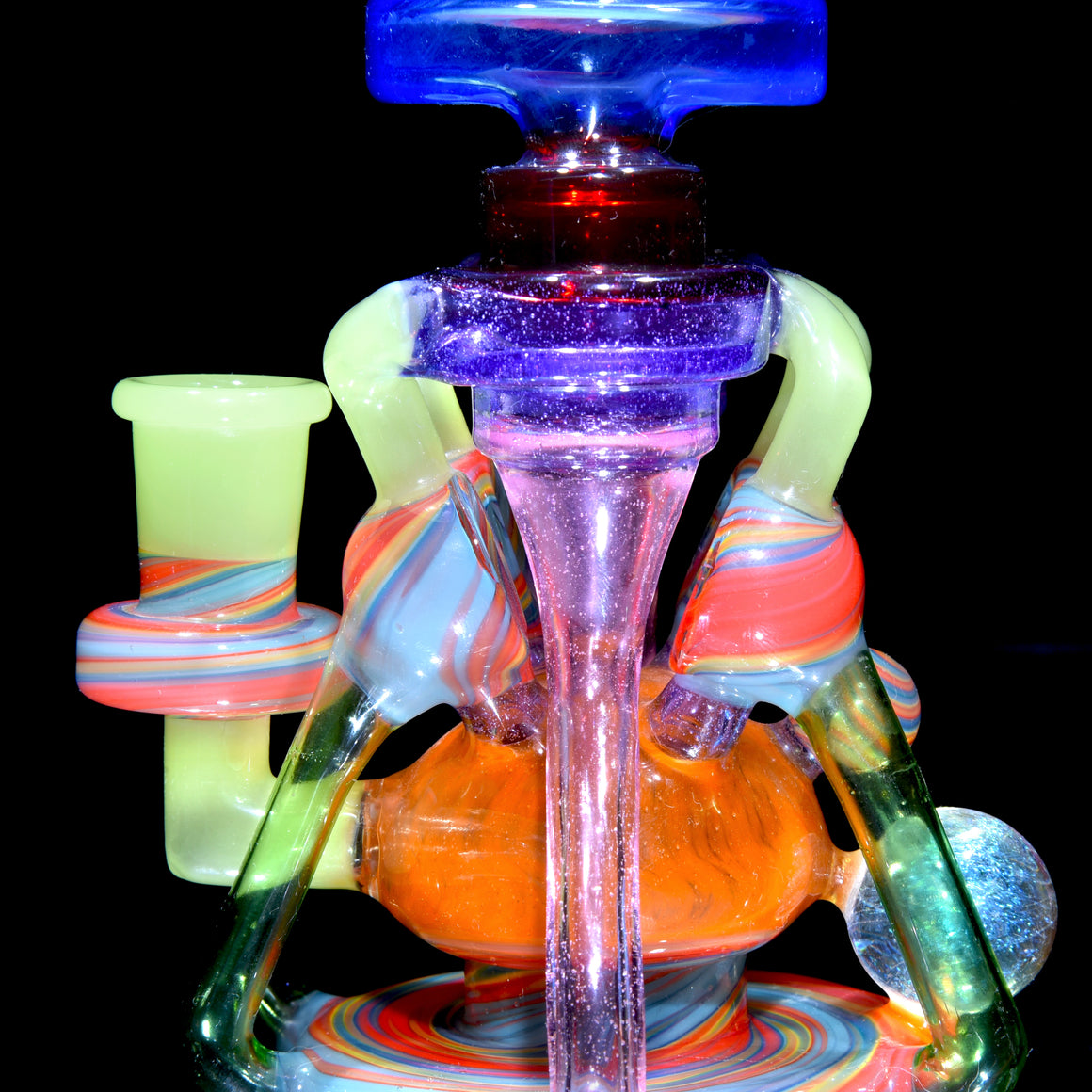 Quad-uptake Double-drain Recycler - Multicolor/Rainbow Swirl - 14mm Female