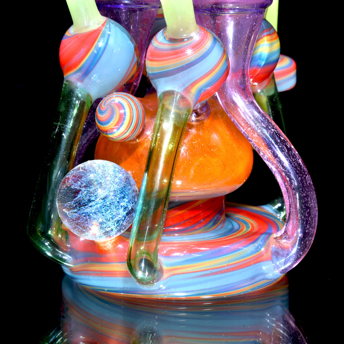 Quad-uptake Double-drain Recycler - Multicolor/Rainbow Swirl - 14mm Female