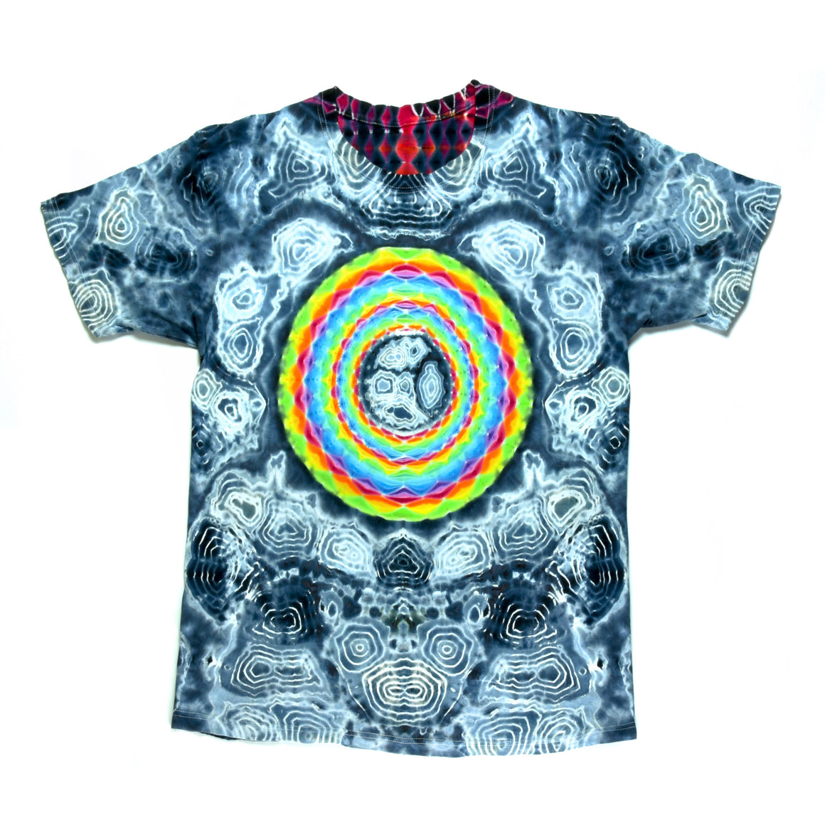 Large Tie Dye T-Shirt - Rainbow Mandala w/ Grayscale Geodes
