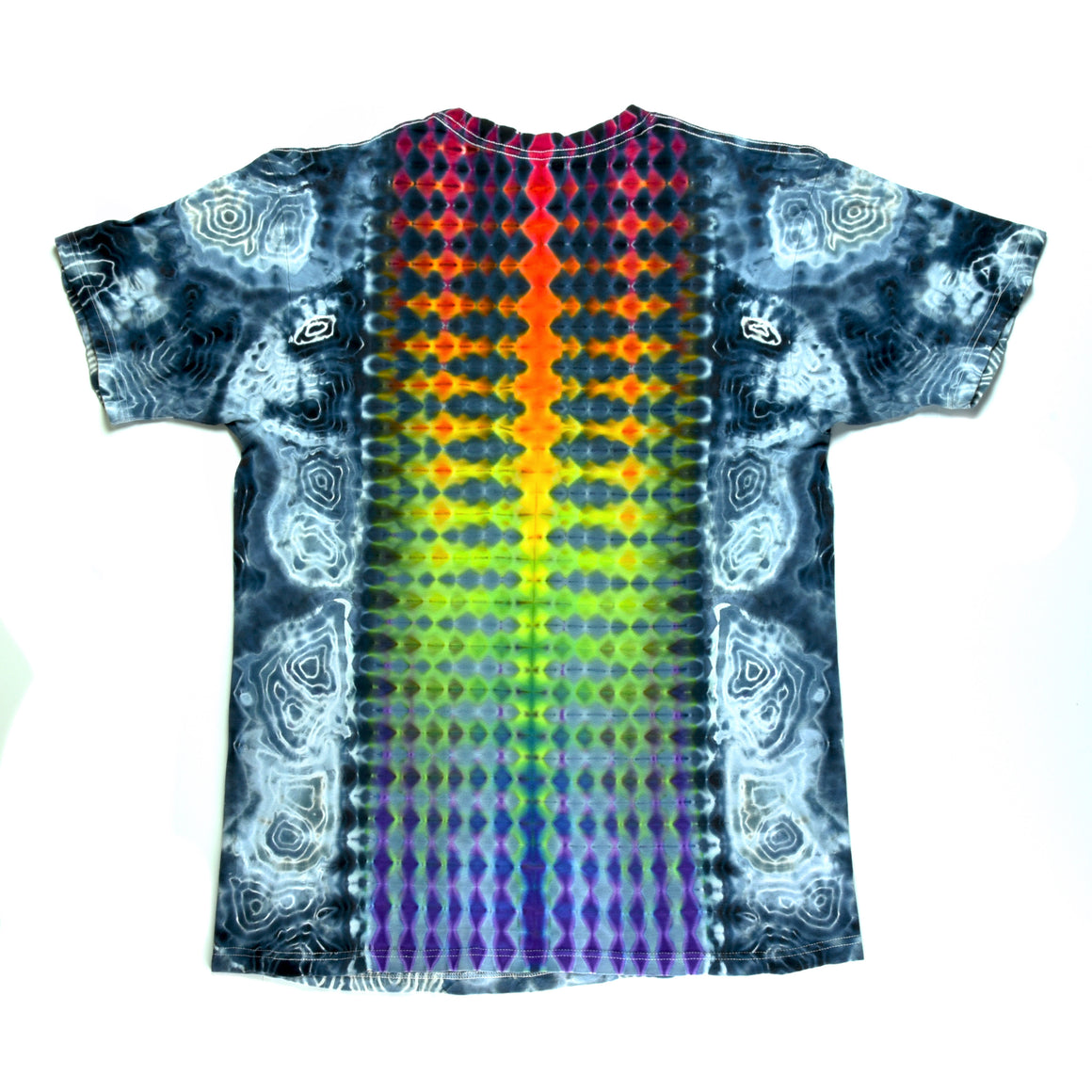 Large Tie Dye T-Shirt - Rainbow Mandala w/ Grayscale Geodes