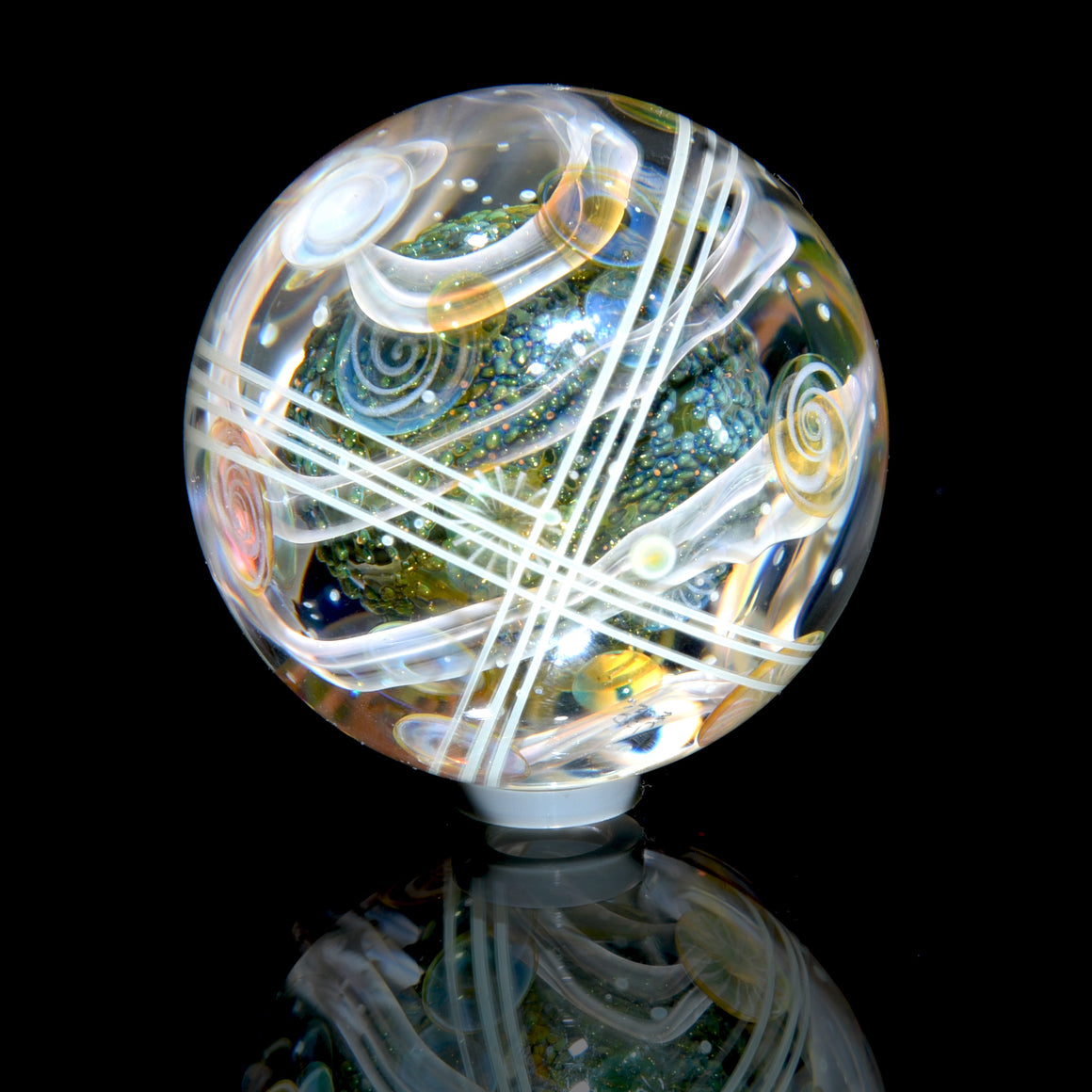 1.436” Marble - Multilayer Millie Swirls/Fume Metallic Core/Silver Swirl Tech