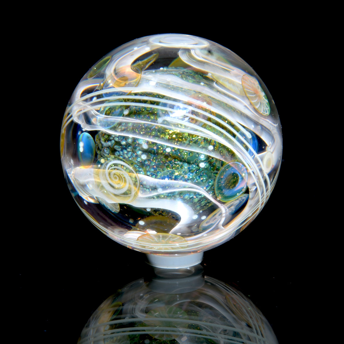 1.436” Marble - Multilayer Millie Swirls/Fume Metallic Core/Silver Swirl Tech
