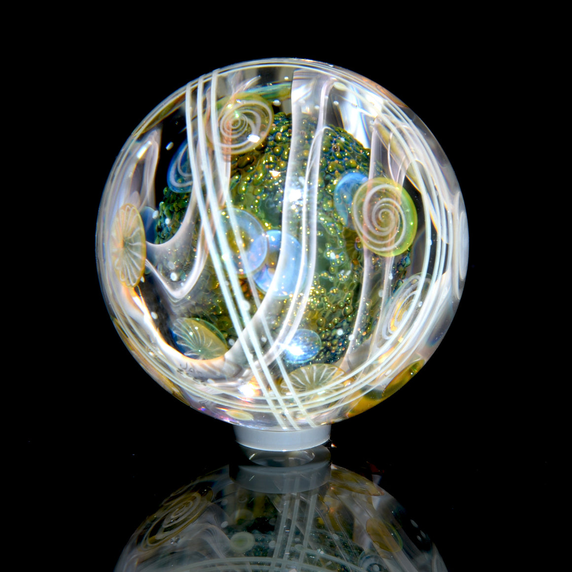 1.436” Marble - Multilayer Millie Swirls/Fume Metallic Core/Silver Swirl Tech