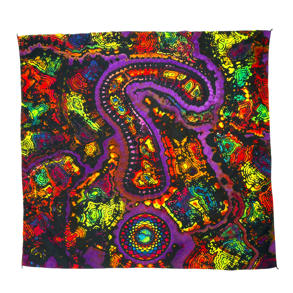 43" x 43" Tie Dye Tapestry w/ Tie Loops - Question Mark w/ Rainbow Mandala & Geodes