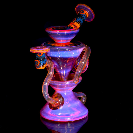 Faceted Two & Through Double-uptake Floating Recycler - Telemagenta over Lemon Drop/Steel Wool Aqua Linework - 10mm Female