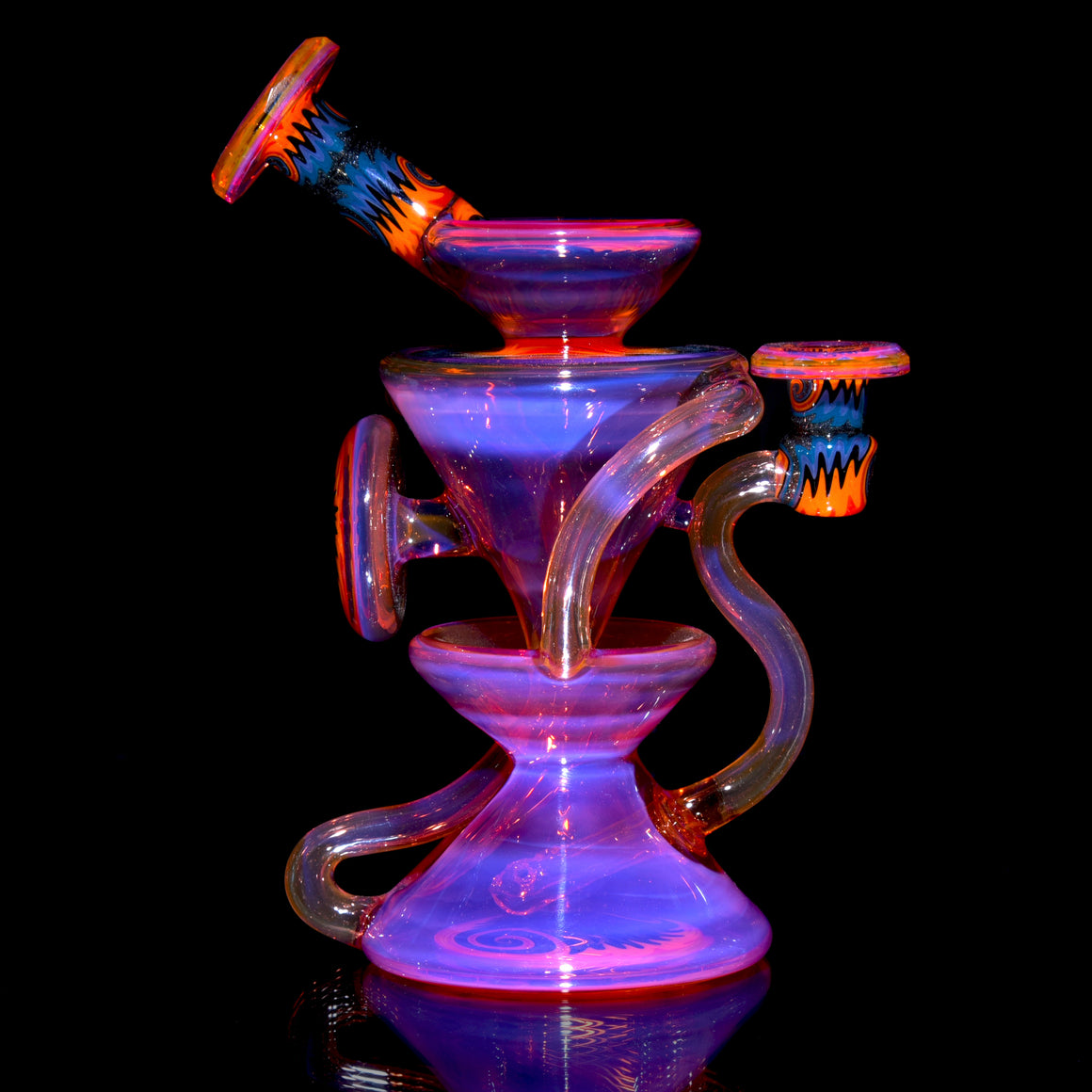 Faceted Two & Through Double-uptake Floating Recycler - Telemagenta over Lemon Drop/Steel Wool Aqua Linework - 10mm Female
