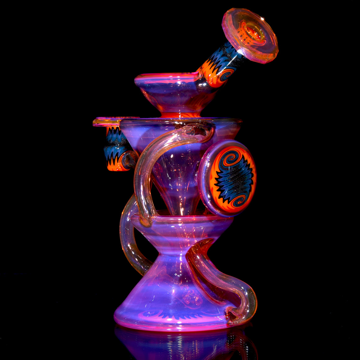 Faceted Two & Through Double-uptake Floating Recycler - Telemagenta over Lemon Drop/Steel Wool Aqua Linework - 10mm Female