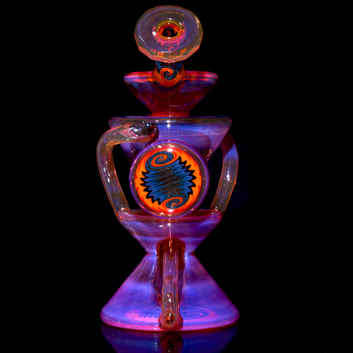 Faceted Two & Through Double-uptake Floating Recycler - Telemagenta over Lemon Drop/Steel Wool Aqua Linework - 10mm Female