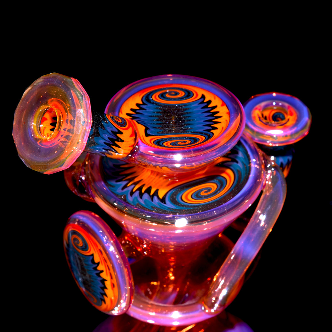 Faceted Two & Through Double-uptake Floating Recycler - Telemagenta over Lemon Drop/Steel Wool Aqua Linework - 10mm Female
