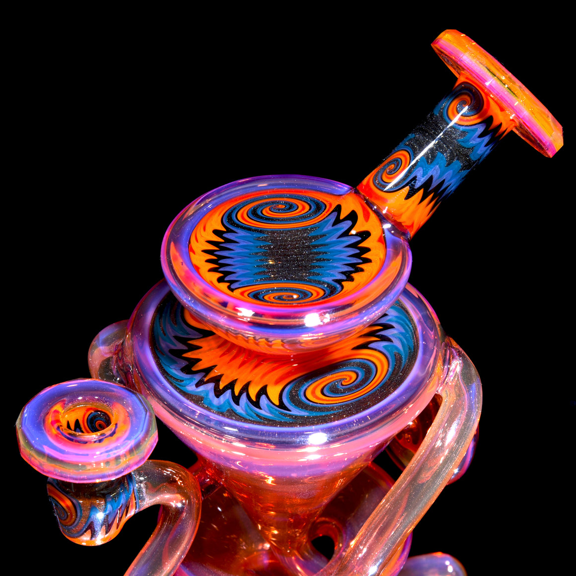 Faceted Two & Through Double-uptake Floating Recycler - Telemagenta over Lemon Drop/Steel Wool Aqua Linework - 10mm Female