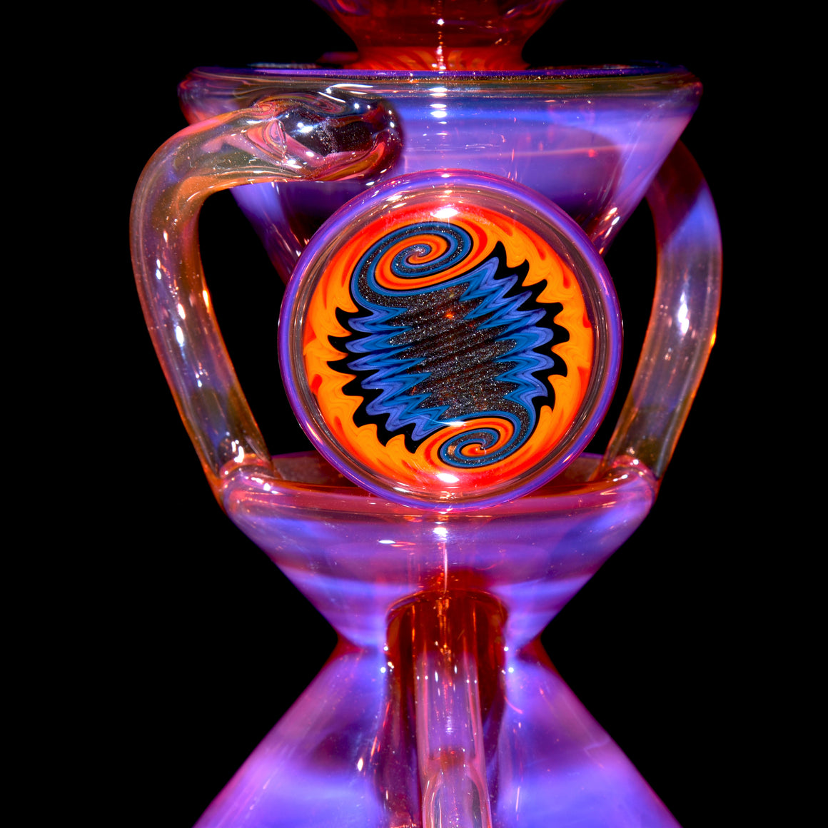 Faceted Two & Through Double-uptake Floating Recycler - Telemagenta over Lemon Drop/Steel Wool Aqua Linework - 10mm Female
