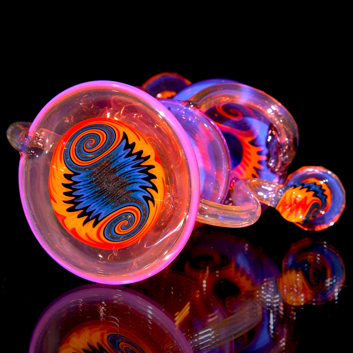 Faceted Two & Through Double-uptake Floating Recycler - Telemagenta over Lemon Drop/Steel Wool Aqua Linework - 10mm Female