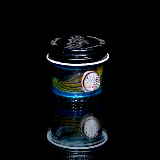 Lidded Airtight Baller Jar - Aqua/Blue/Raindrop Encalmo w/ Fume Swirl & Honeycomb Millie