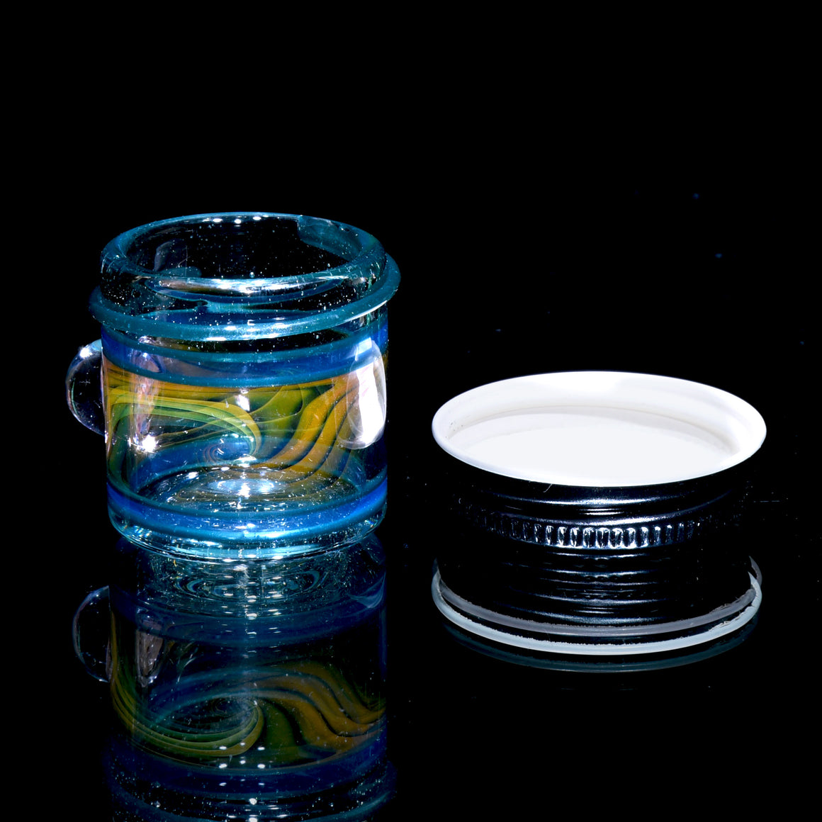 Lidded Airtight Baller Jar - Aqua/Blue/Raindrop Encalmo w/ Fume Swirl & Honeycomb Millie