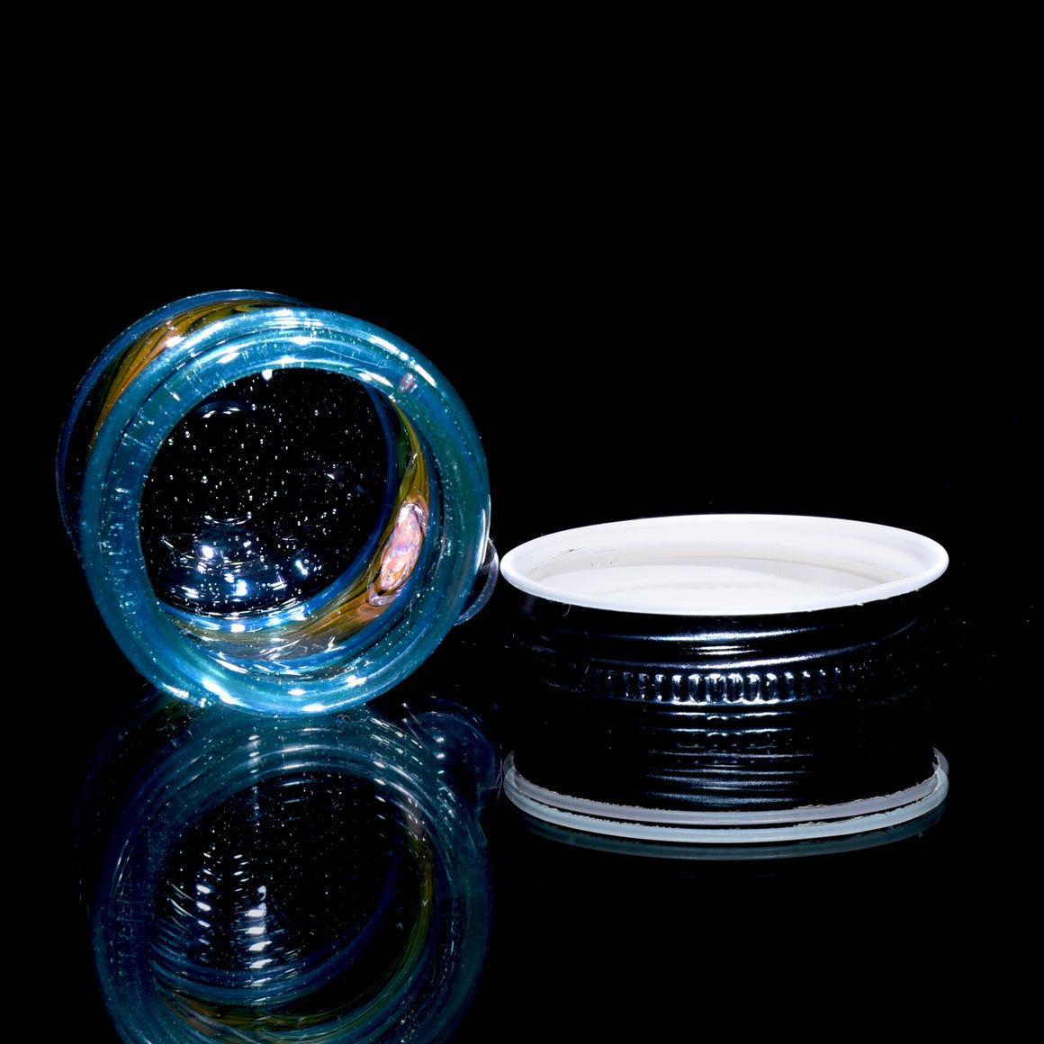 Lidded Airtight Baller Jar - Aqua/Blue/Raindrop Encalmo w/ Fume Swirl & Honeycomb Millie