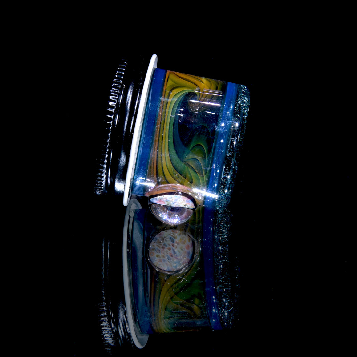 Lidded Airtight Baller Jar - Aqua/Blue/Raindrop Encalmo w/ Fume Swirl & Honeycomb Millie