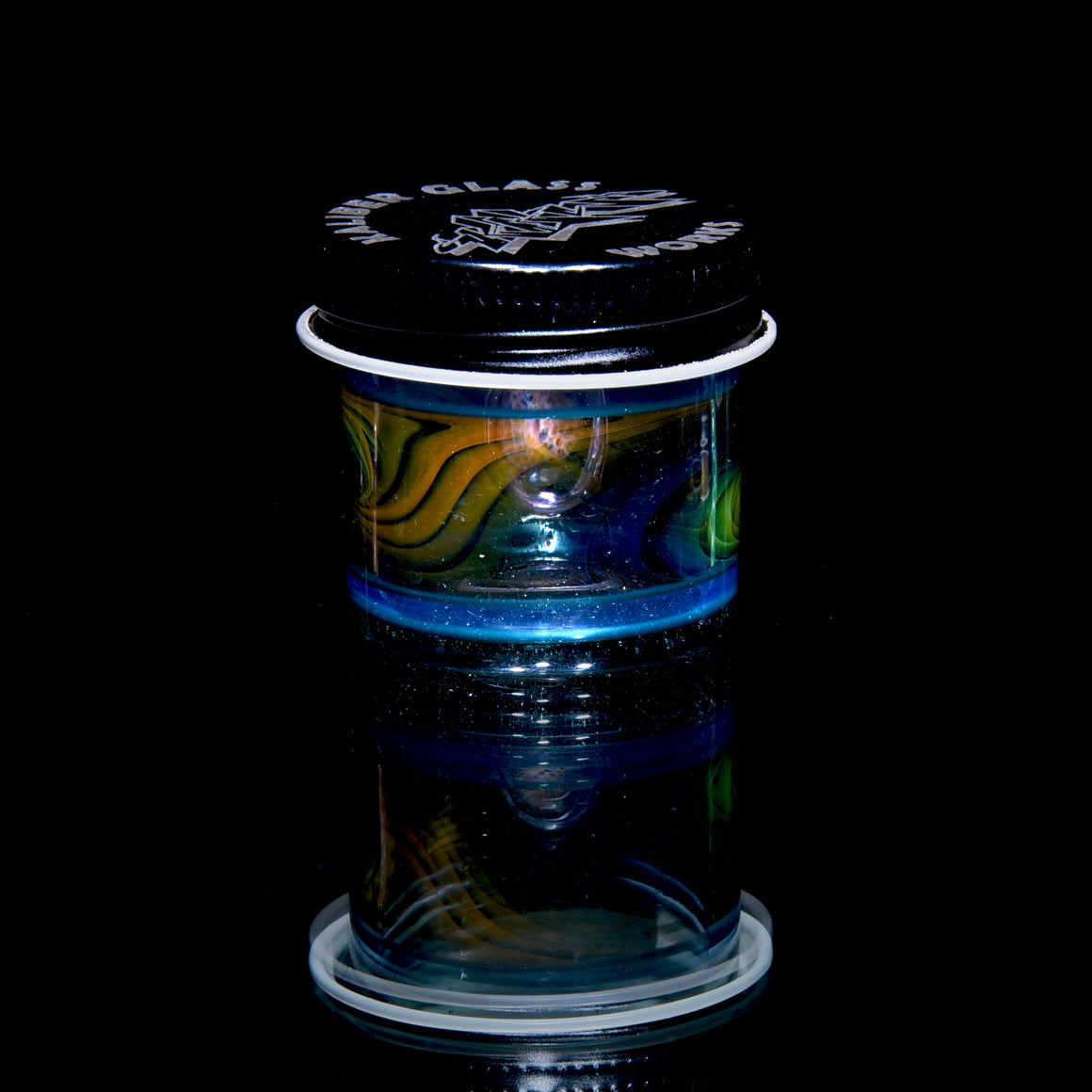 Lidded Airtight Baller Jar - Aqua/Blue/Raindrop Encalmo w/ Fume Swirl & Honeycomb Millie