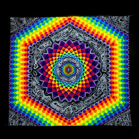 “Quantum Jailbird” 54" x 48" Tie Dye Tapestry w/ Tie Loops - Rainbow Honeycomb & Mandala w/ Geodes