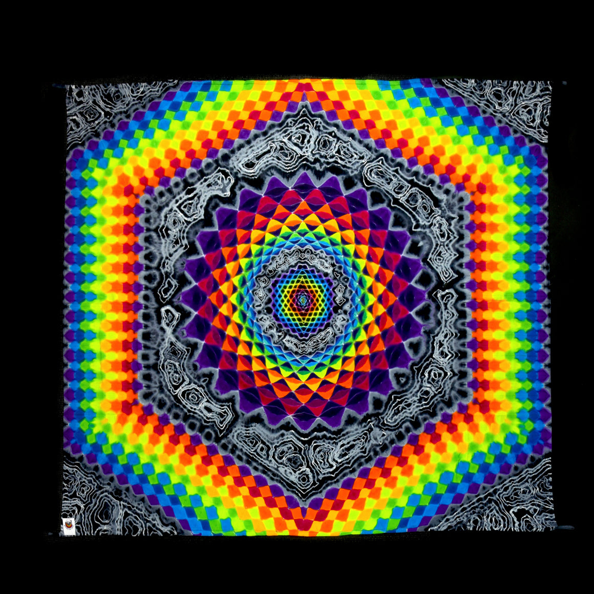 “Quantum Jailbird” 54" x 48" Tie Dye Tapestry w/ Tie Loops - Rainbow Honeycomb & Mandala w/ Geodes
