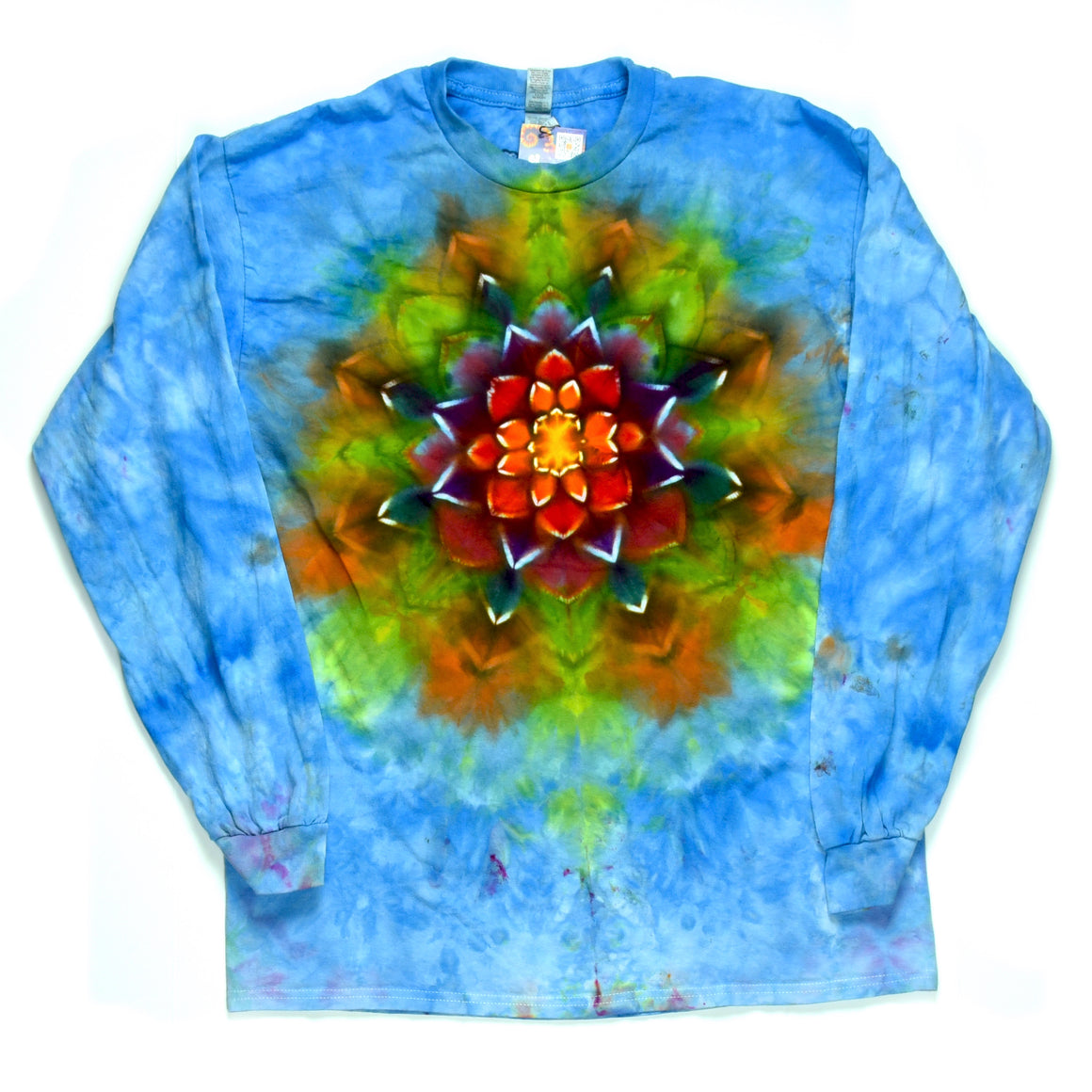Large Tie Dye Long Sleeve Shirt - Sky Blue w/ Rainbow Mandala