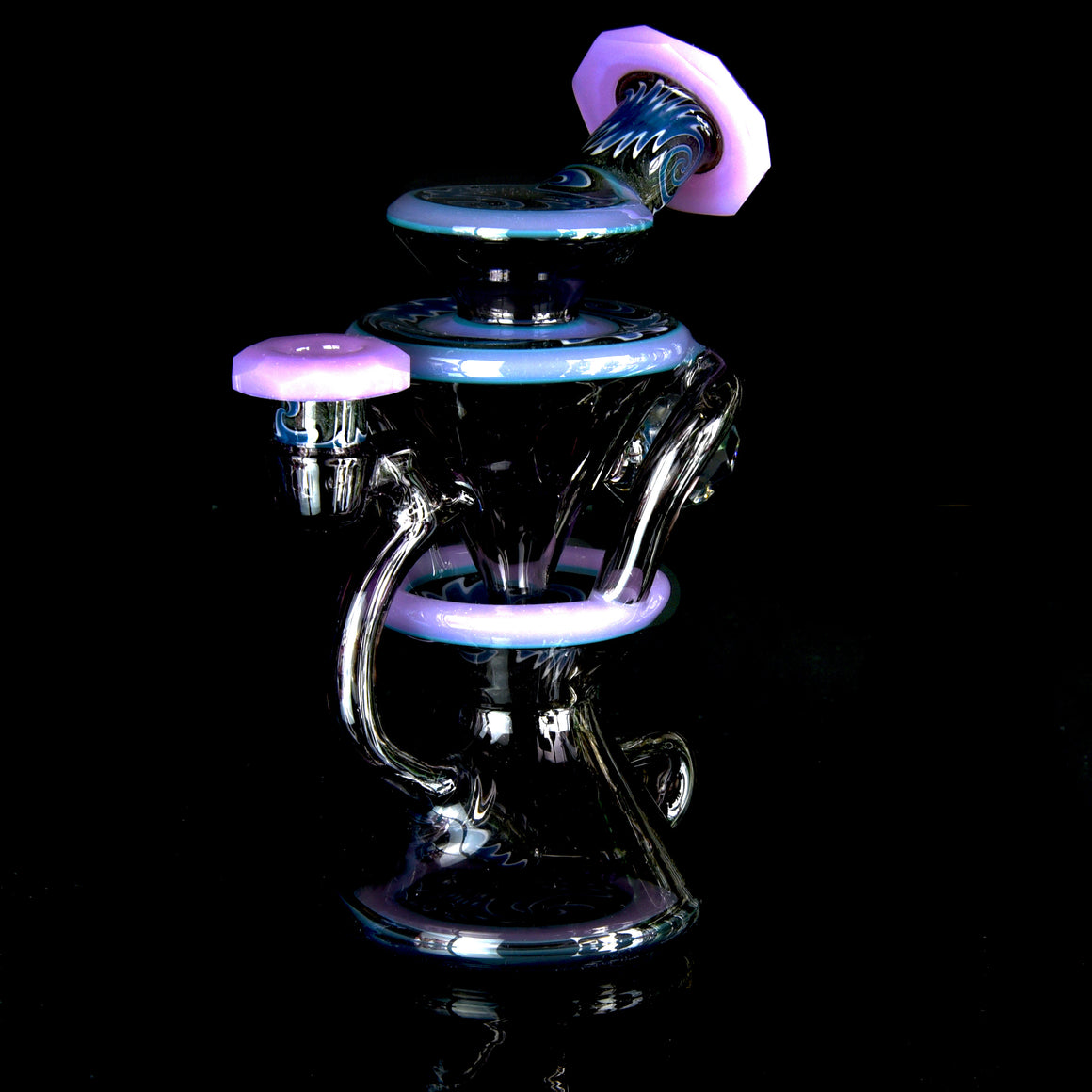 CFL Reactive Faceted Two & Through Double-uptake Floating Recycler w/ matching Cap - Alchemy Blue/Blue Steel Linework - 10mm Female