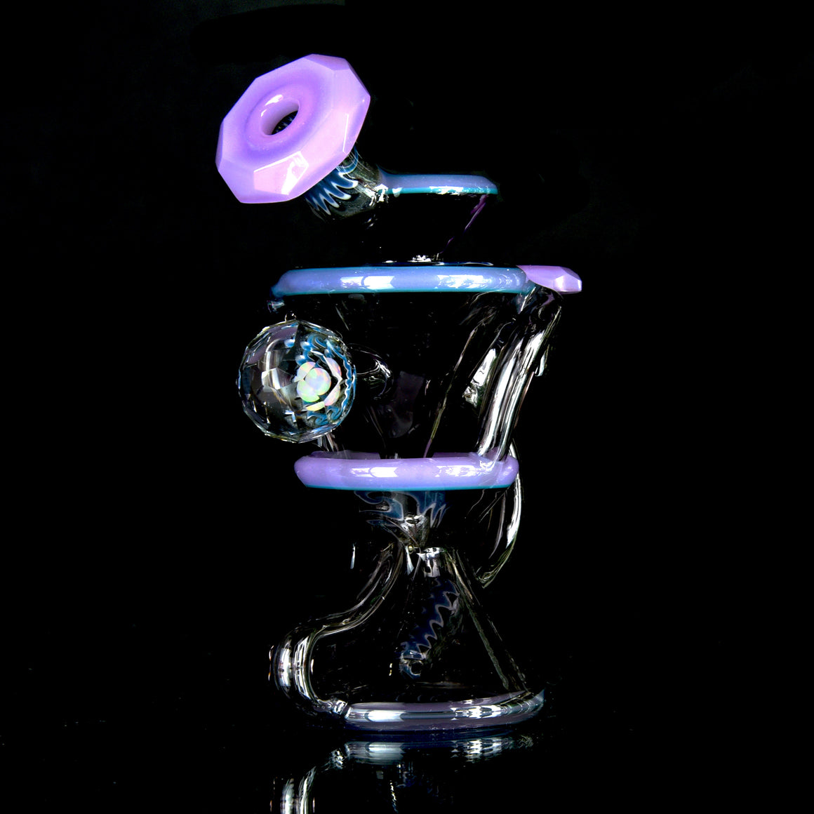 CFL Reactive Faceted Two & Through Double-uptake Floating Recycler w/ matching Cap - Alchemy Blue/Blue Steel Linework - 10mm Female