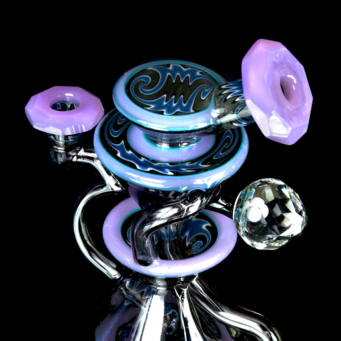 CFL Reactive Faceted Two & Through Double-uptake Floating Recycler w/ matching Cap - Alchemy Blue/Blue Steel Linework - 10mm Female