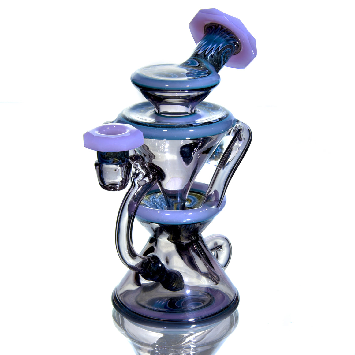 CFL Reactive Faceted Two & Through Double-uptake Floating Recycler w/ matching Cap - Alchemy Blue/Blue Steel Linework - 10mm Female